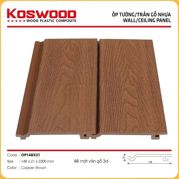 Tấm Ốp Gỗ Nhựa Ngoài Trời Kosmos 3DOP148x2.2M Vân 3D Copper Brown